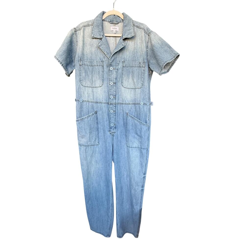 Pistola Denim Jumpsuit Womens Large Light Wash Button Front Utility Pockets